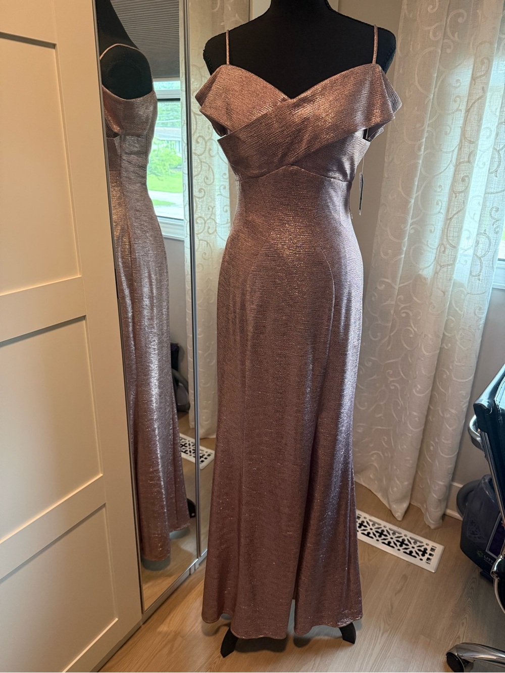Lulu's Metallic Rose Gold Off-Shoulder Maxi Dress